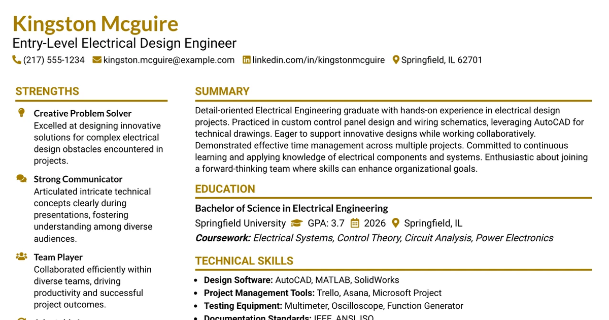 33 Entry Level Electrical Design Engineer Resume Templates with Example 2026 (ATS-Optimized)