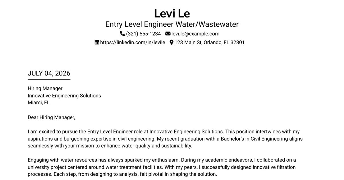 30+ Entry Level Engineer Water/Wastewater Cover Letter Templates with Example 2026
