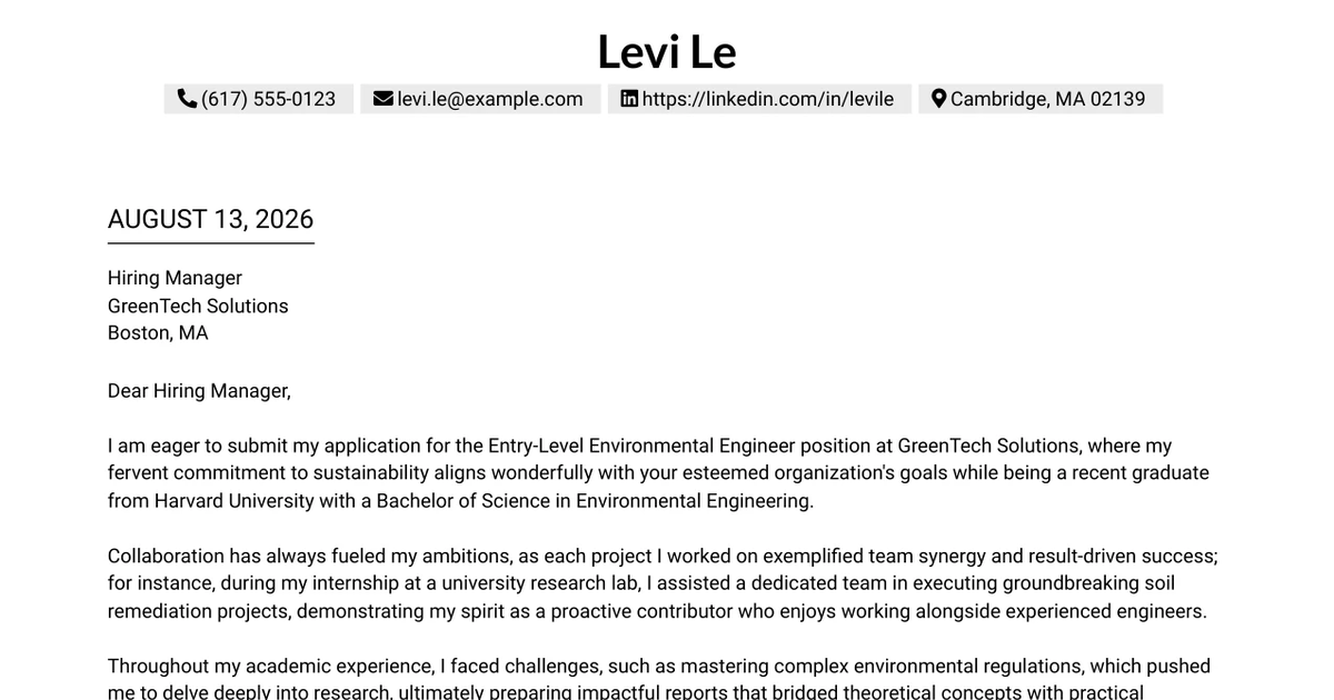 30+ Entry-Level Environmental Engineer Cover Letter Templates with Example 2026