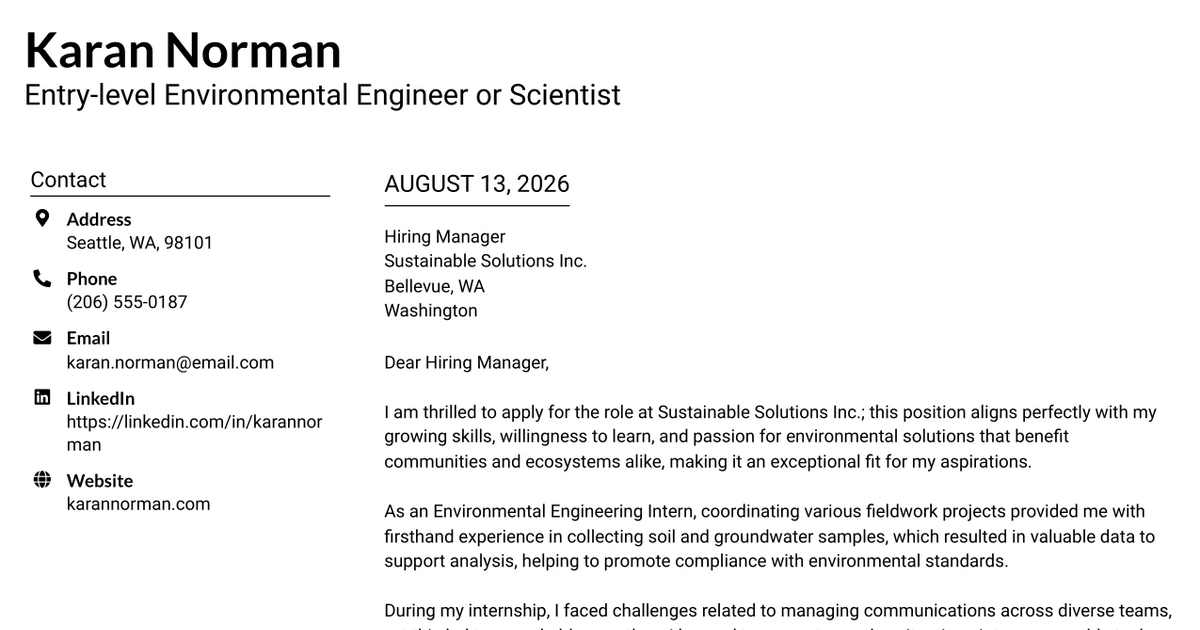 30+ Entry-level Environmental Engineer or Scientist Cover Letter Templates with Example 2026