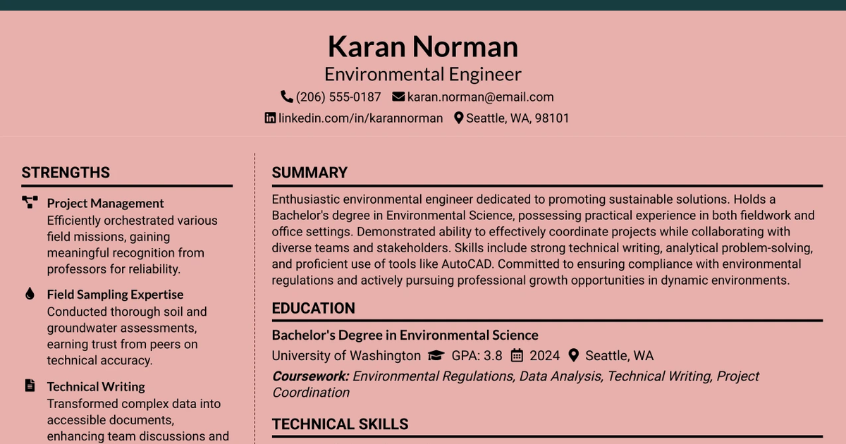 33 Entry-level Environmental Engineer or Scientist Resume Templates with Example 2026 (ATS-Optimized)