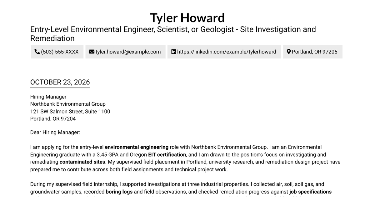 7 Entry-Level Environmental Engineer, Scientist, or Geologist - Site Investigation and Remediation Cover Letter Templates with Example