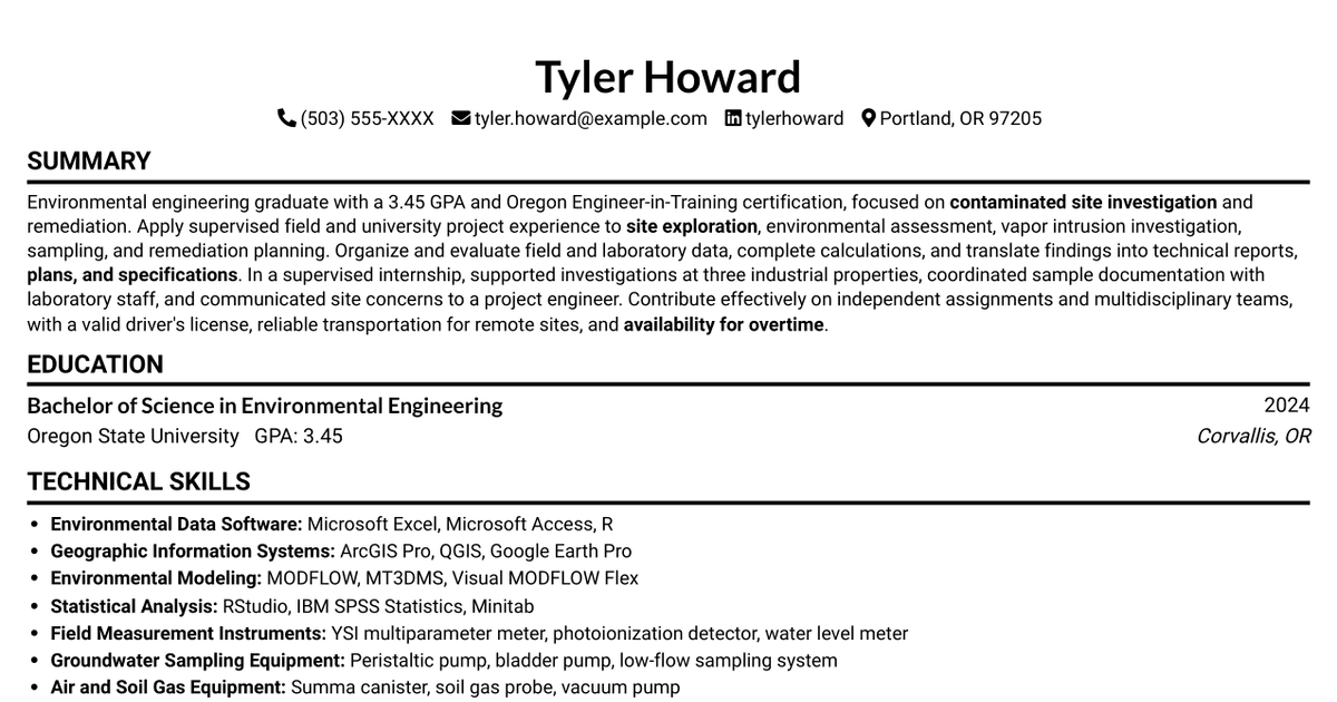 7 Entry-Level Environmental Engineer, Scientist, or Geologist - Site Investigation and Remediation Resume Templates with Example