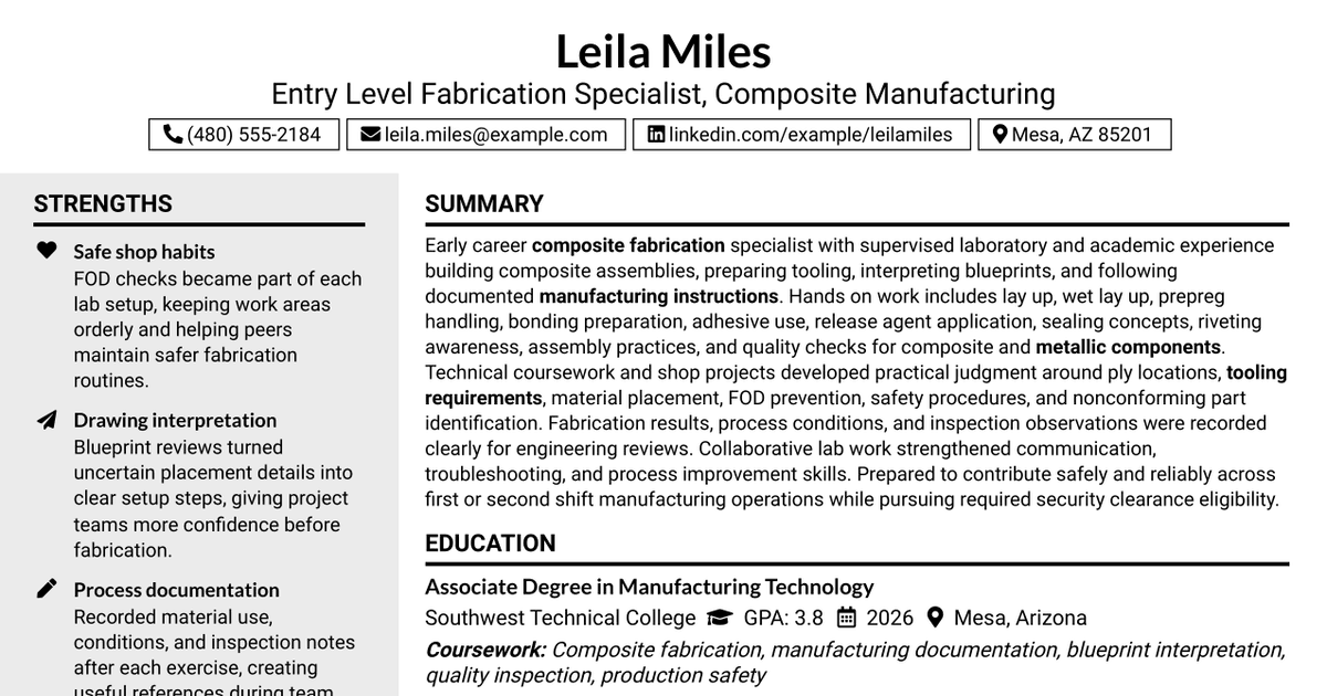 7 Entry-Level Fabrication Specialist - Composite Manufacturing Resume Templates with Example