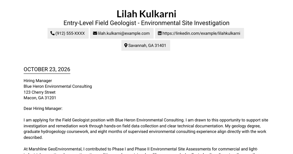 7 Entry-Level Field Geologist - Environmental Site Investigation Cover Letter Templates with Example