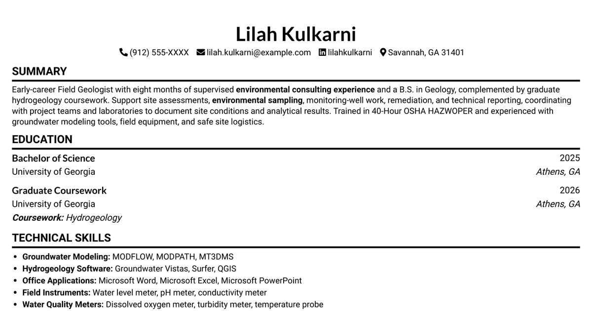 7 Entry-Level Field Geologist - Environmental Site Investigation Resume Templates with Example