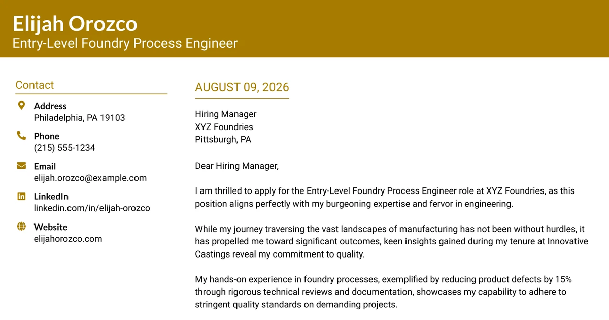 30+ Entry-Level Foundry Process Engineer Cover Letter Templates with Example 2026