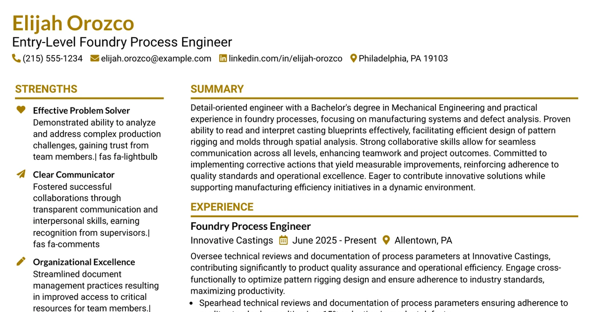 33 Entry-Level Foundry Process Engineer Resume Templates with Example 2026 (ATS-Optimized)