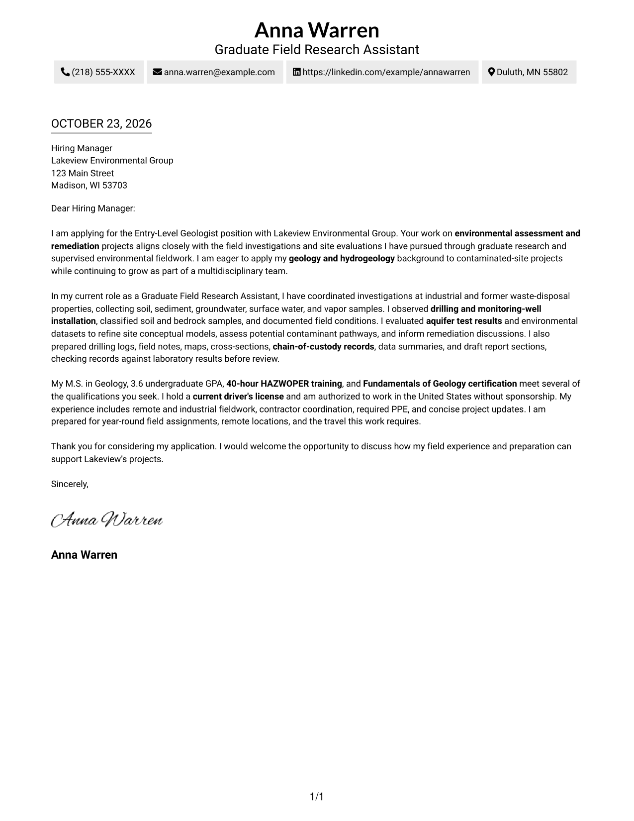 Cover letter example — page 1