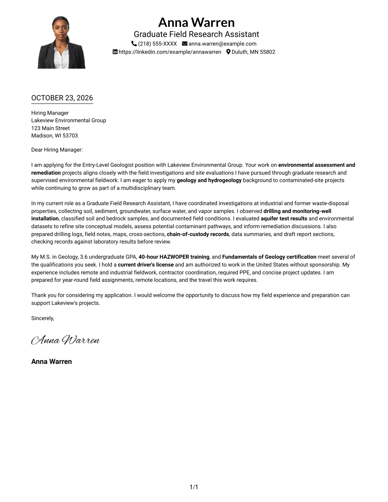 Cover letter example — page 1