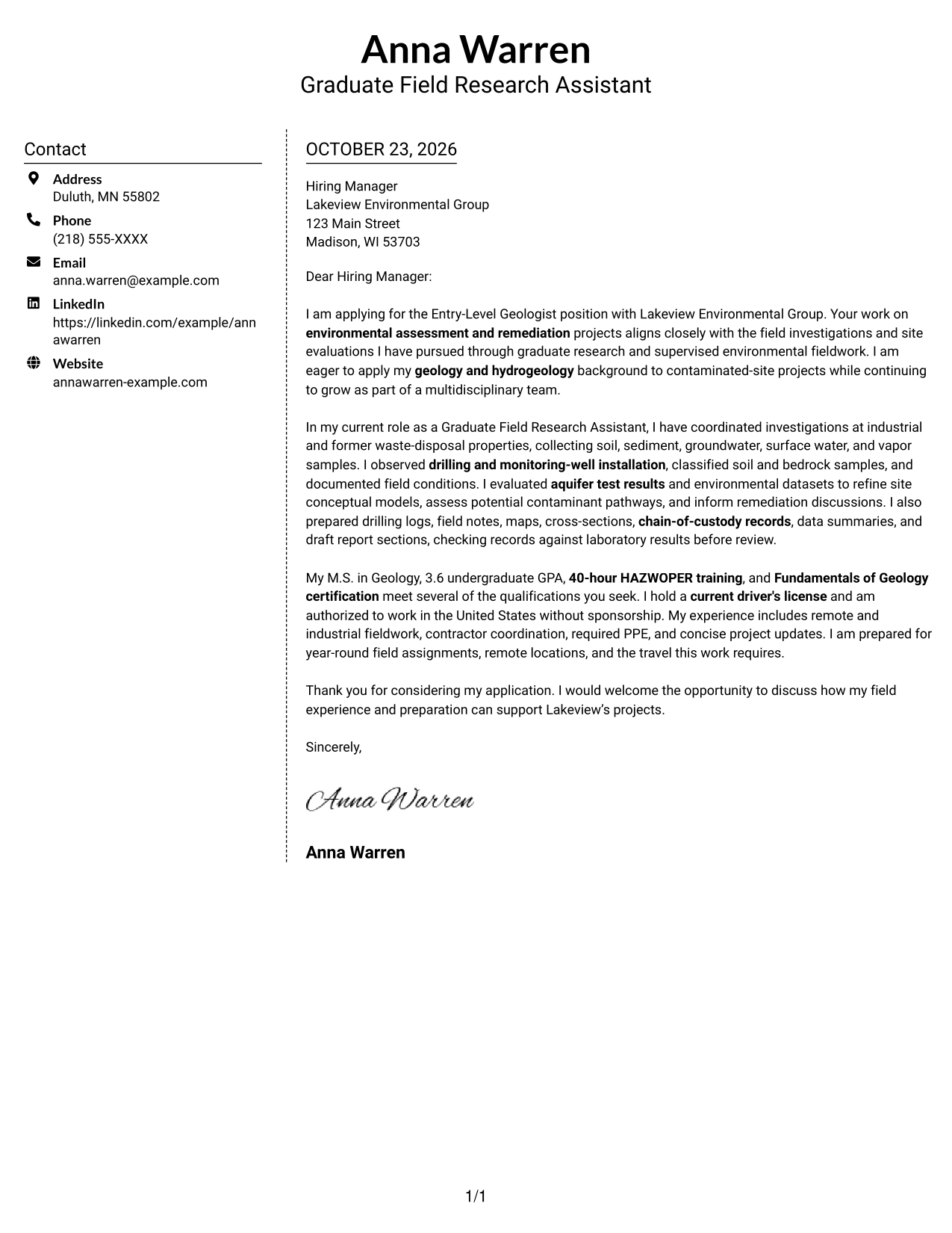 Cover letter example — page 1