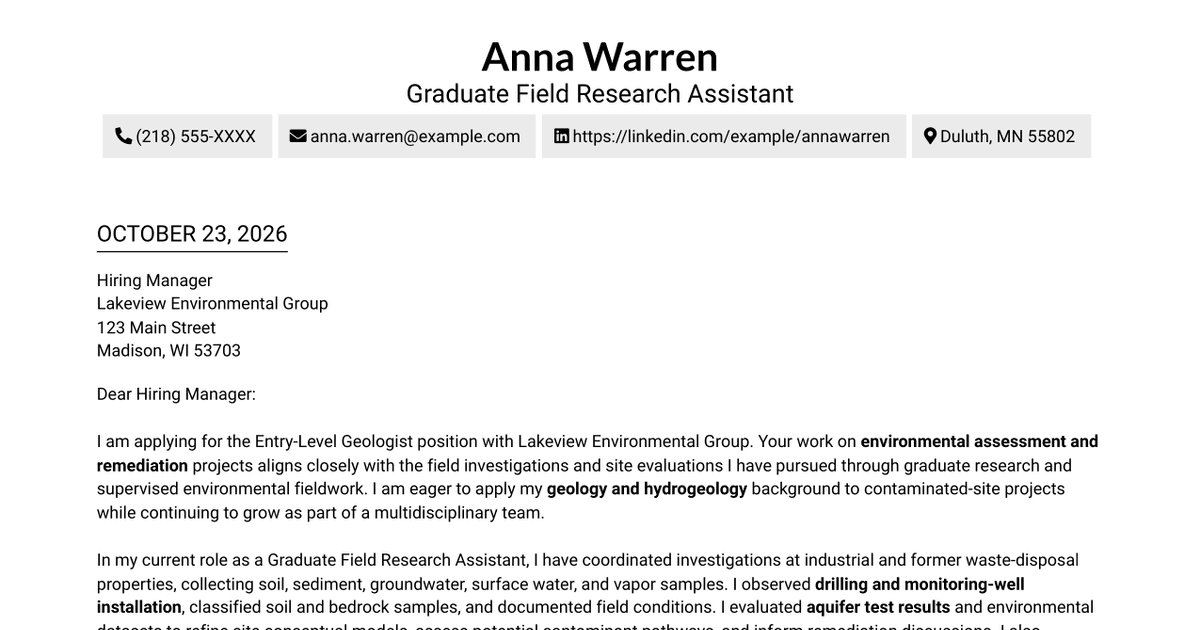 7 Entry-Level Geologist - Environmental Site Assessment and Remediation Cover Letter Templates with Example