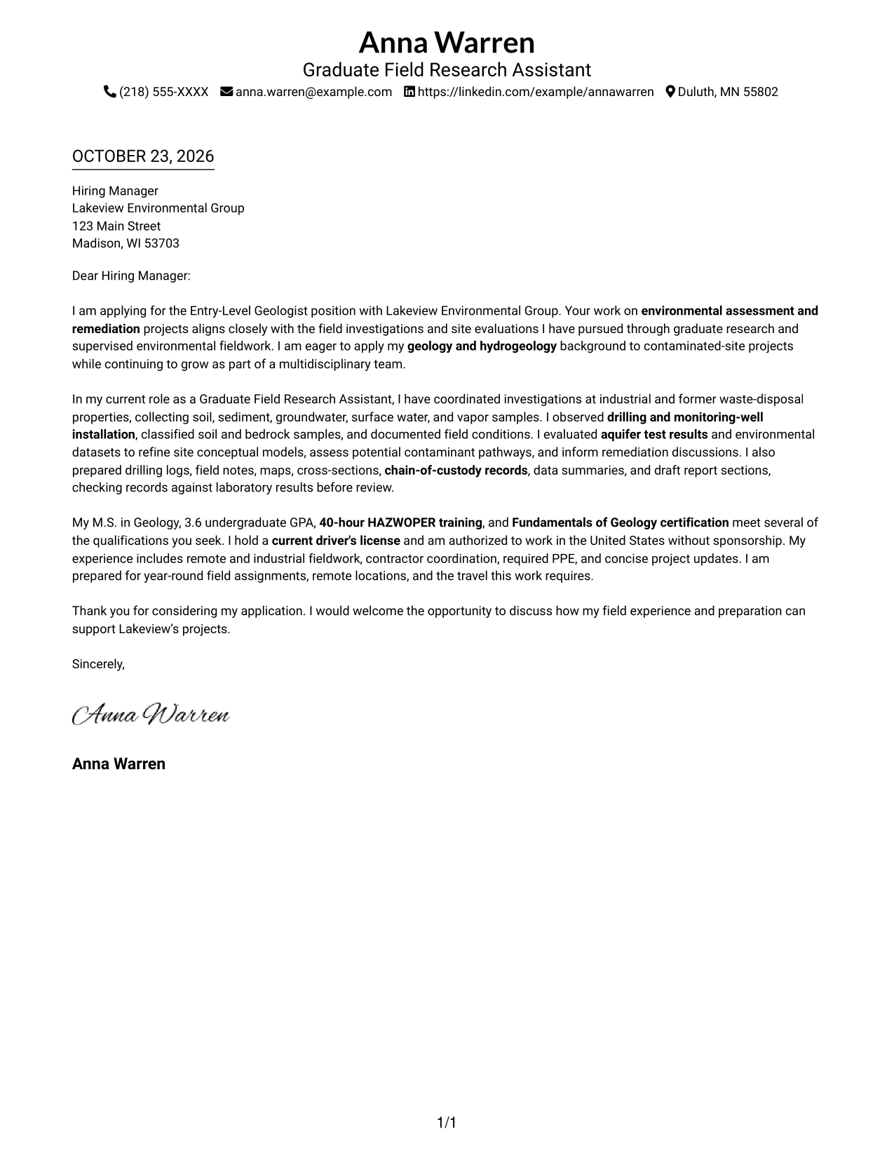 Cover letter example — page 1