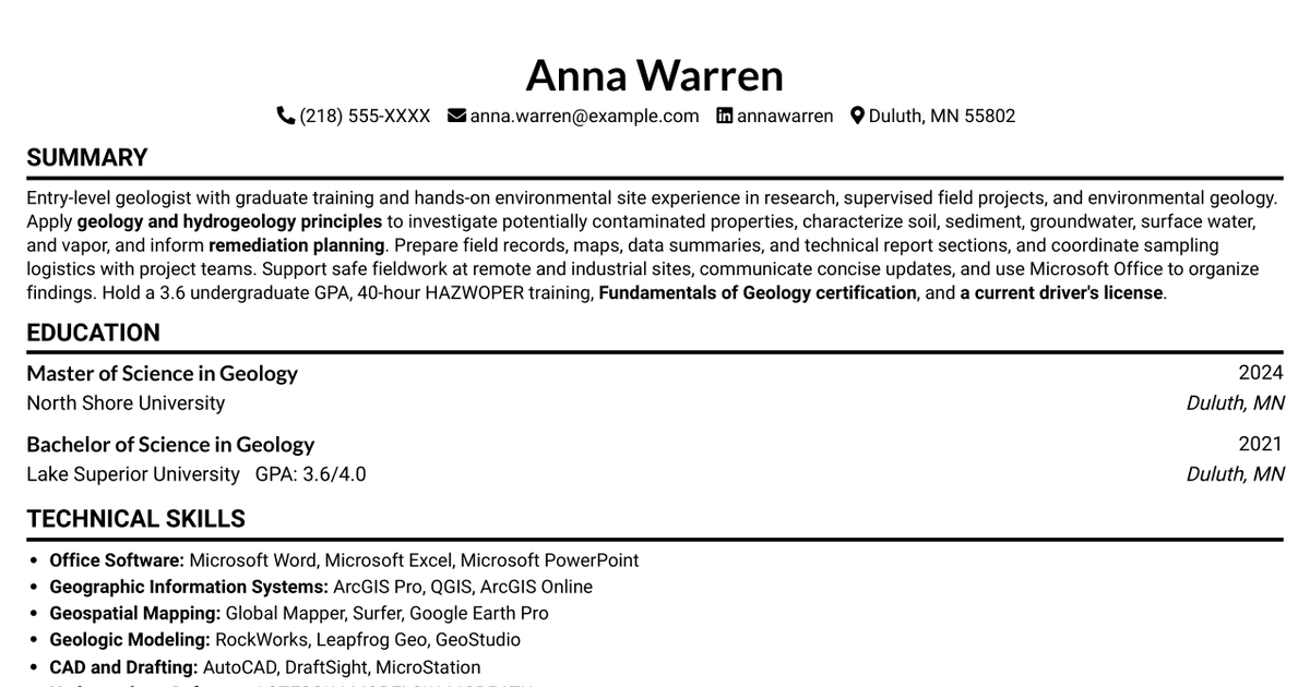 7 Entry-Level Geologist - Environmental Site Assessment and Remediation Resume Templates with Example