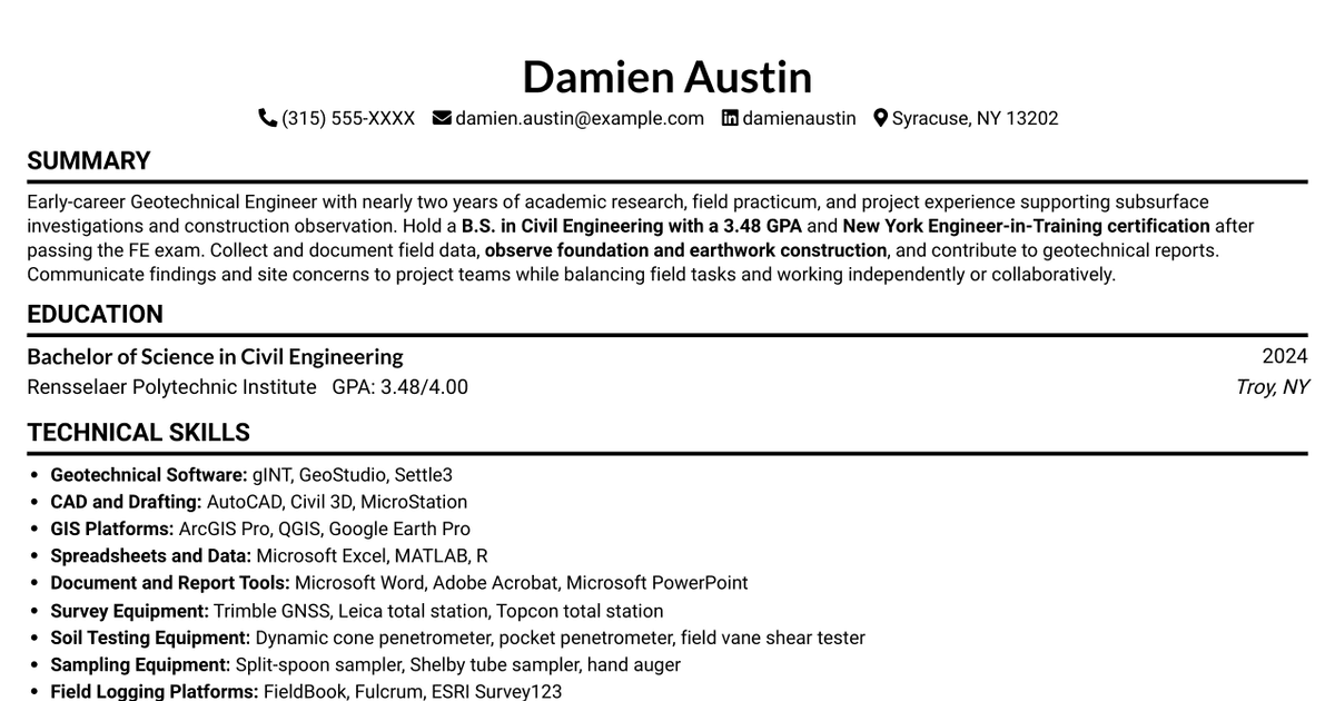 7 Entry-Level Geotechnical Engineer - Field Investigations Resume Templates with Example