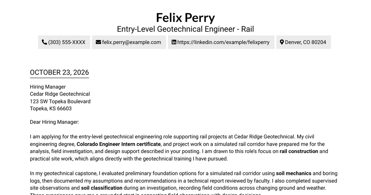 7 Entry-Level Geotechnical Engineer - Rail Cover Letter Templates with Example