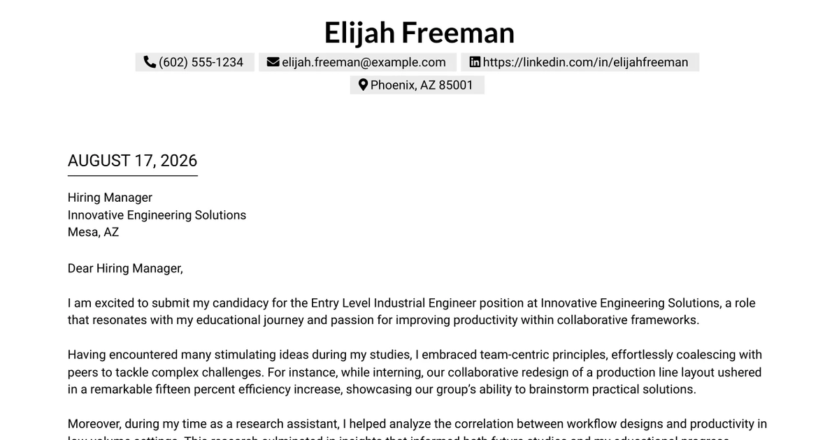 30+ Entry Level Industrial Engineer Cover Letter Templates with Example 2026