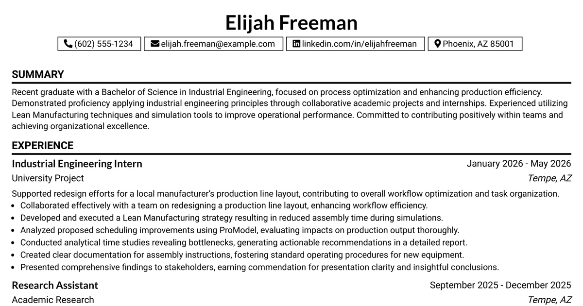 33 Entry Level Industrial Engineer Resume Templates with Example 2026 (ATS-Optimized)