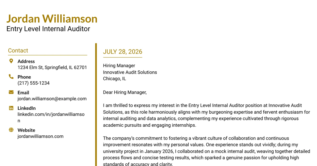 30+ Entry Level Internal Auditor Cover Letter Templates with Example 2026