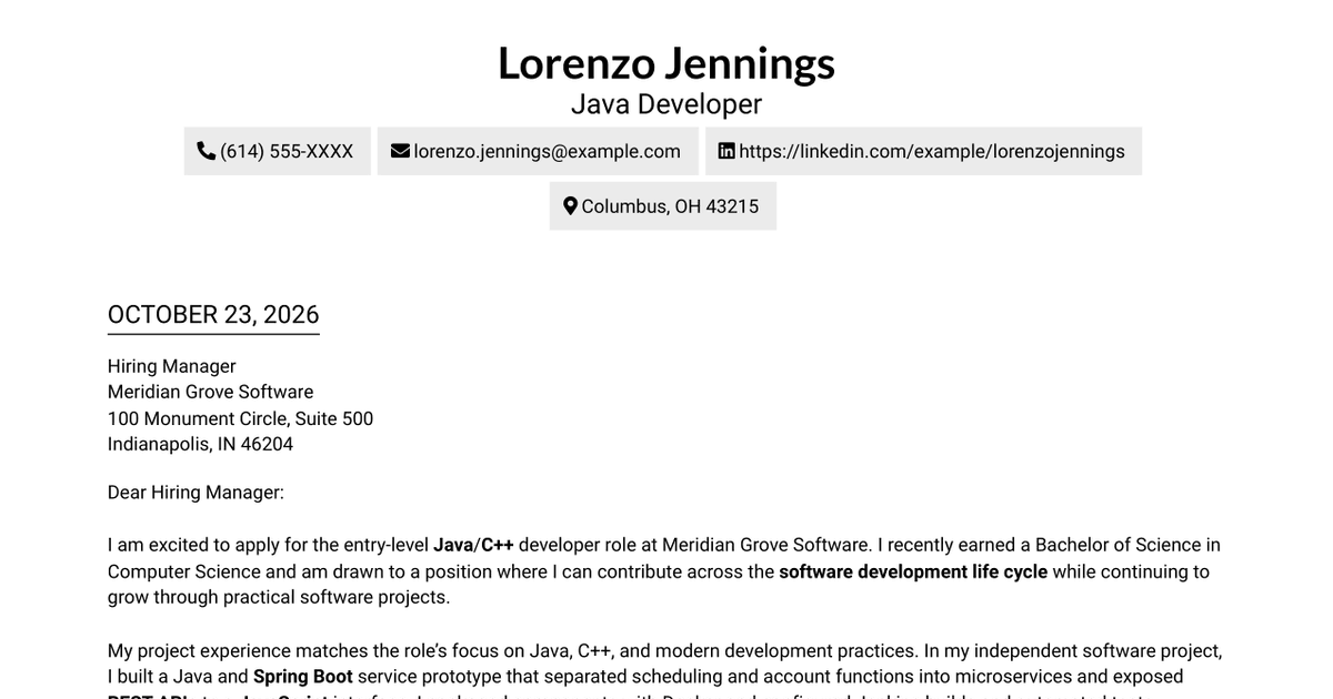 7 Entry-Level Java/C++ Developer Cover Letter Templates with Example