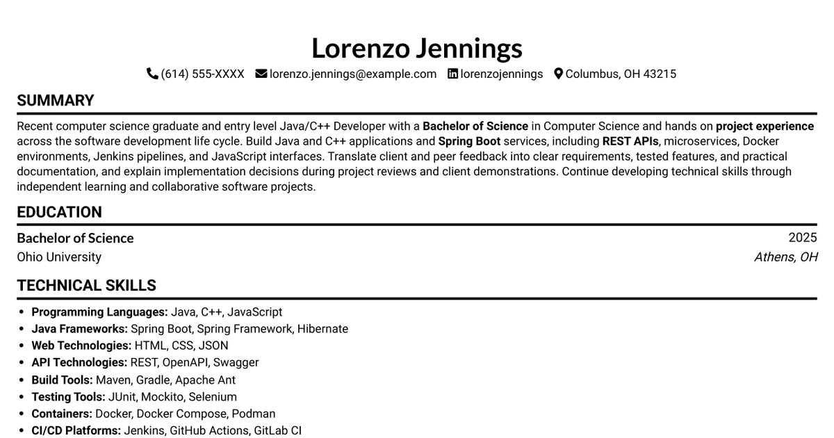 7 Entry-Level Java/C++ Developer Resume Templates with Example