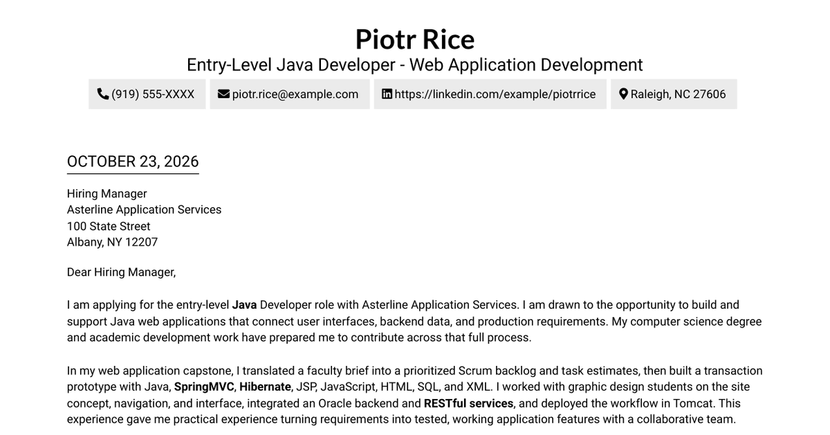 7 Entry-Level Java Developer - Web Application Development Cover Letter Templates with Example
