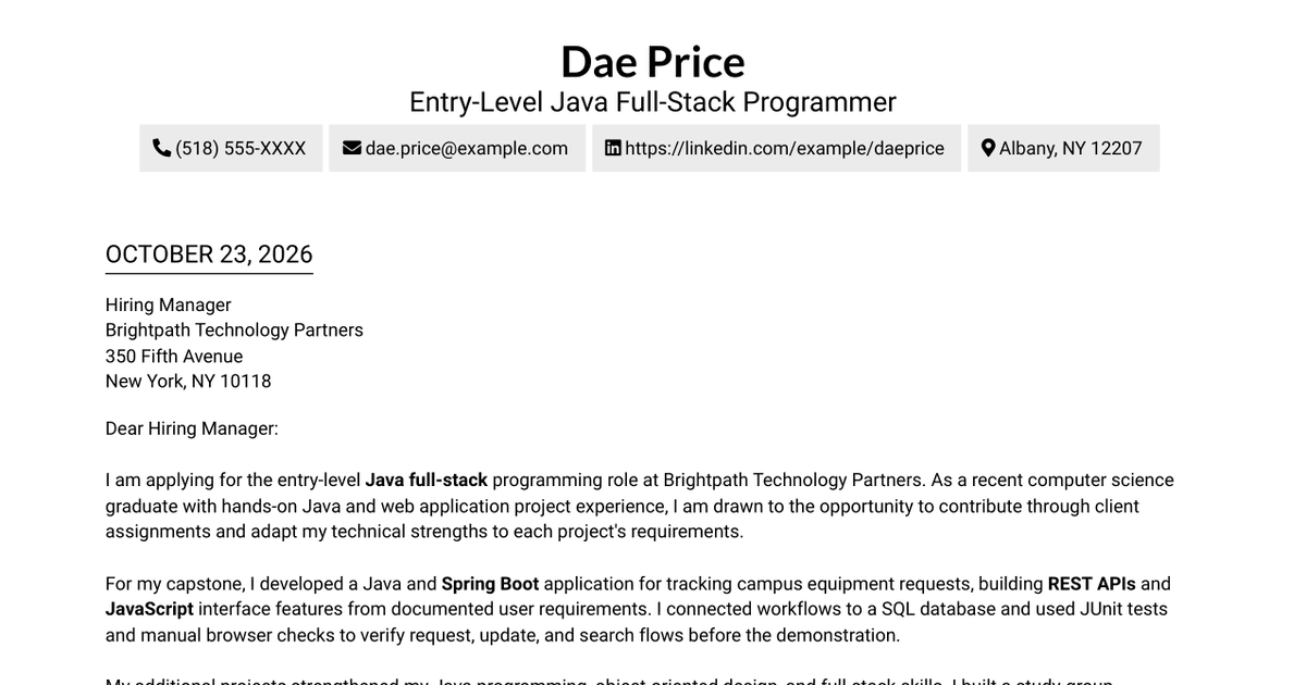7 Entry-Level Java Full-Stack Programmer Cover Letter Templates with Example