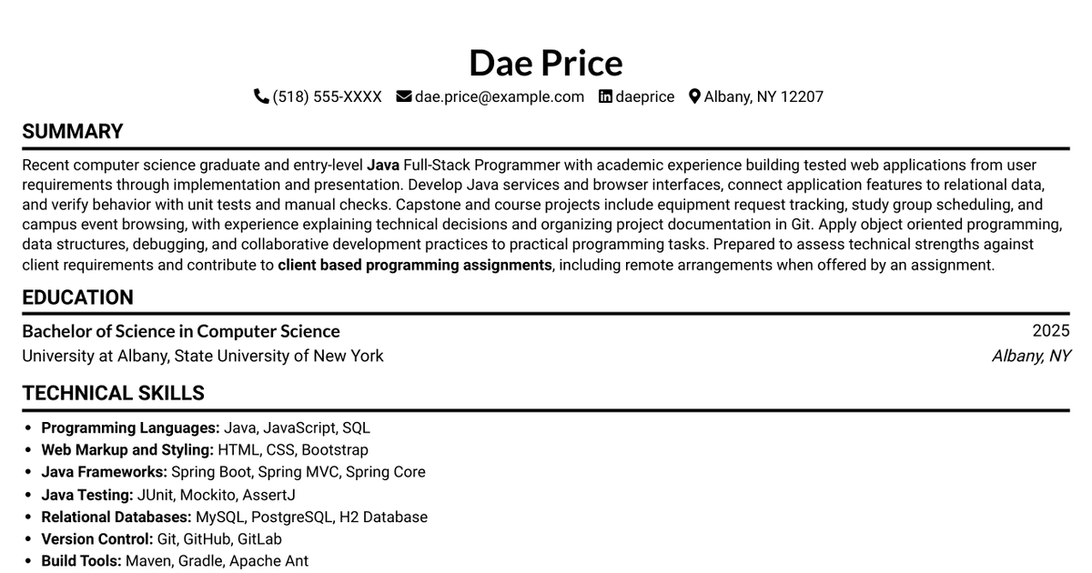 7 Entry-Level Java Full-Stack Programmer Resume Templates with Example