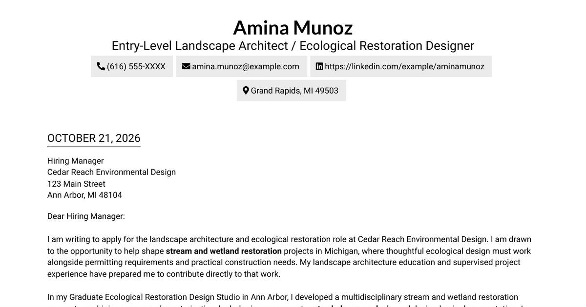 7 Entry-Level Landscape Architect / Ecological Restoration Designer Cover Letter Templates with Example