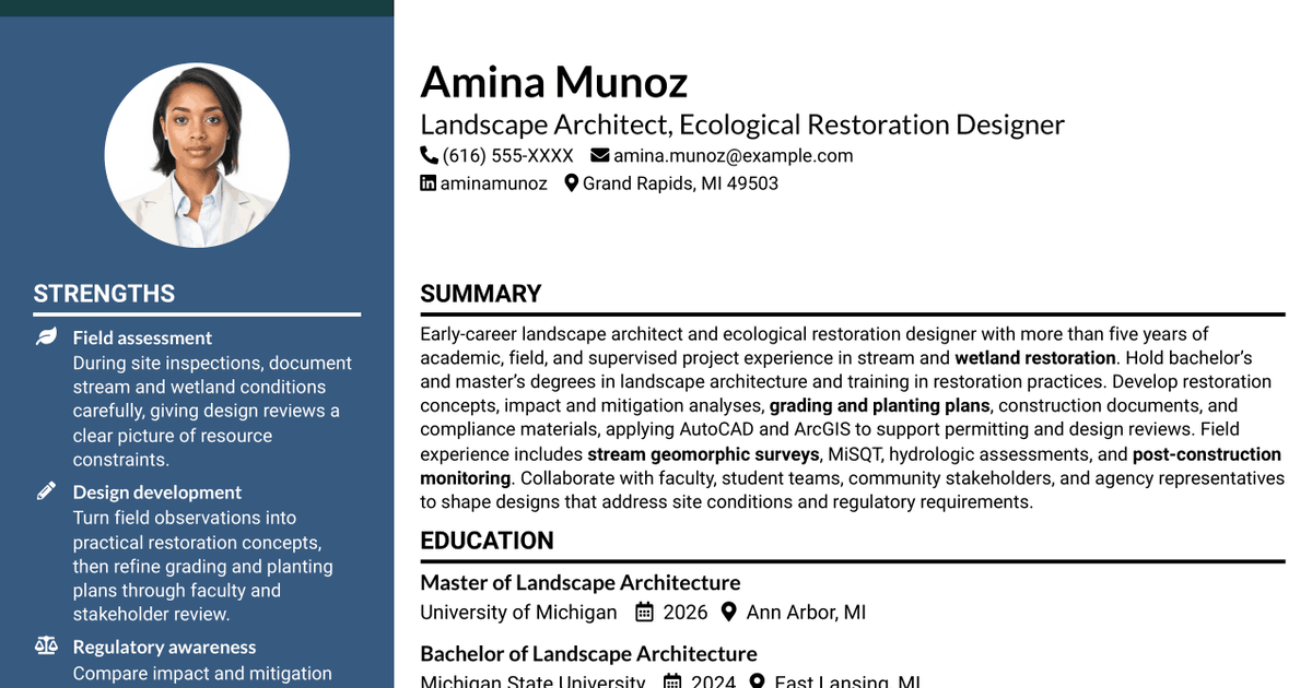 7 Entry-Level Landscape Architect / Ecological Restoration Designer Resume Templates with Example