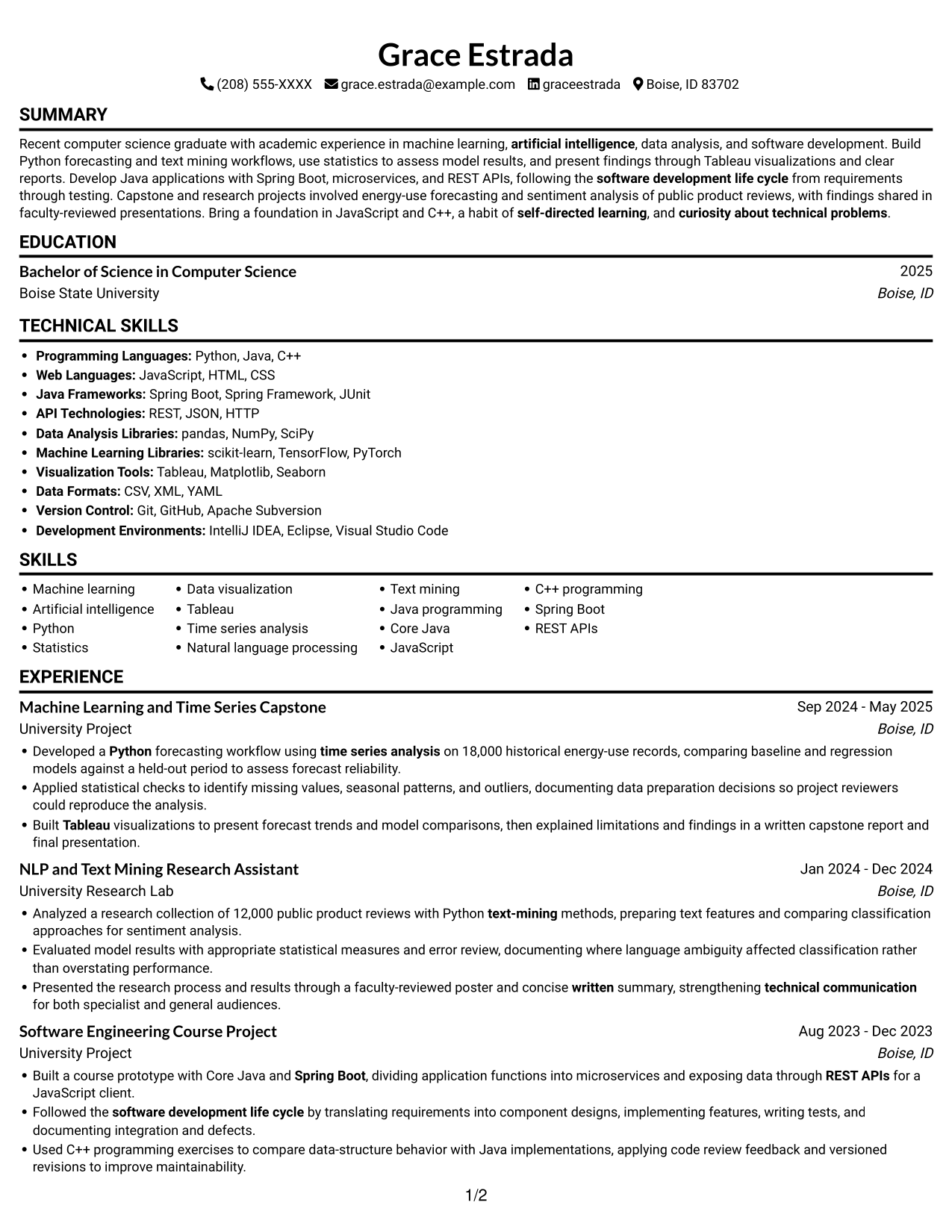 Entry-Level Machine Learning and Artificial Intelligence Engineer - Data Science resume, page 1