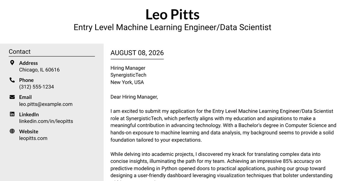30+ Entry Level Machine Learning Engineer/Data Scientist Cover Letter Templates with Example 2026