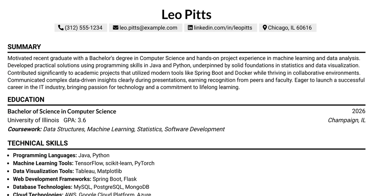 33 Entry Level Machine Learning Engineer/Data Scientist Resume Templates with Example 2026 (ATS-Optimized)