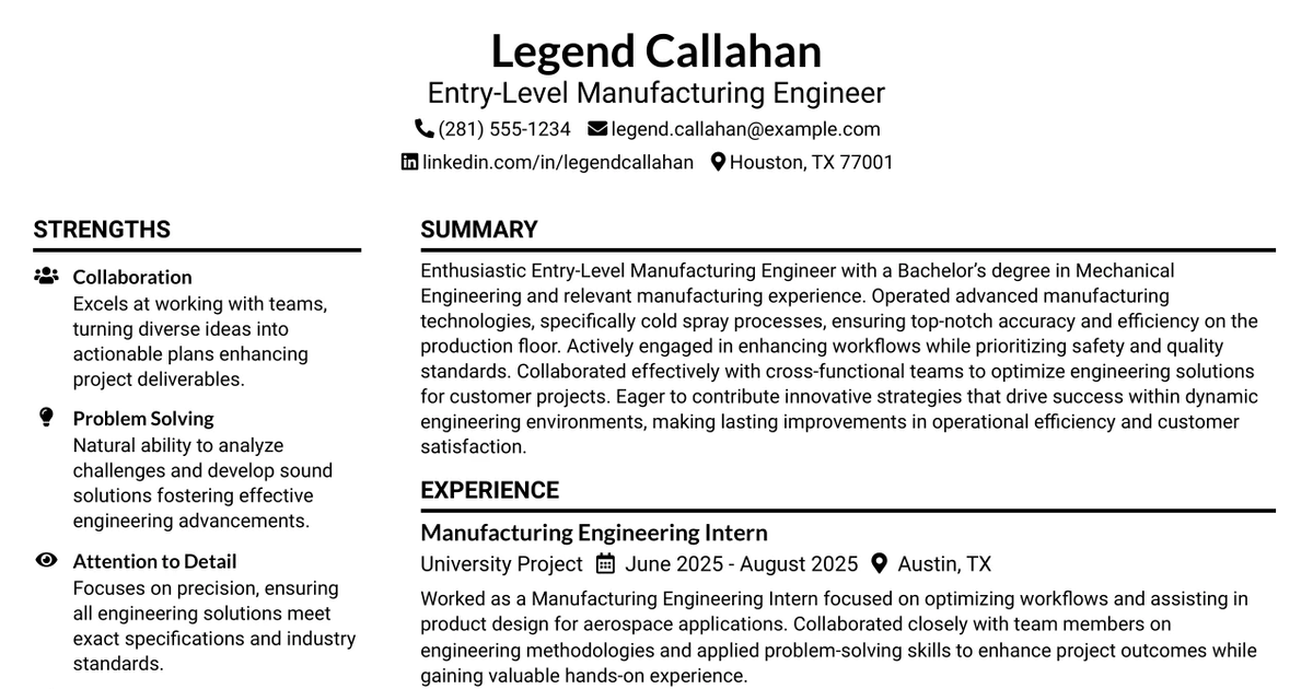 33 Entry-Level Manufacturing Engineer Resume Templates with Example 2026 (ATS-Optimized)