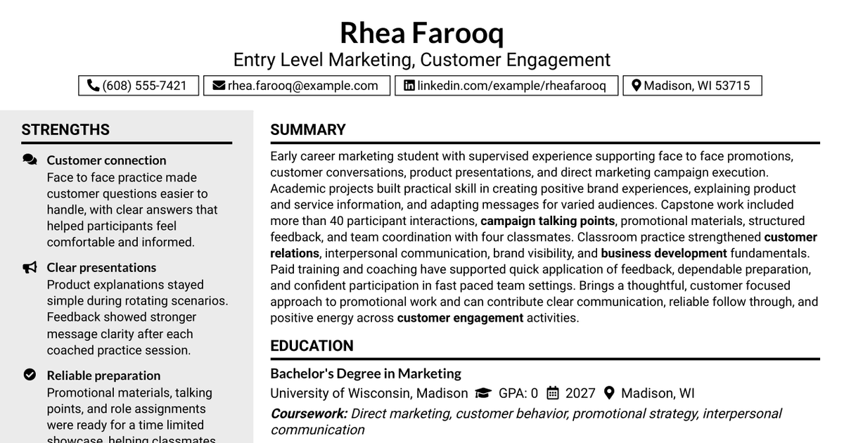 7 Entry Level Marketing - Customer Engagement Resume Templates with Example