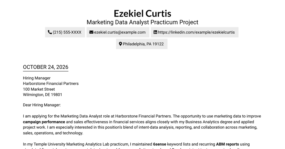 Entry-Level Marketing Data Analyst Financial Services Cover Letter
