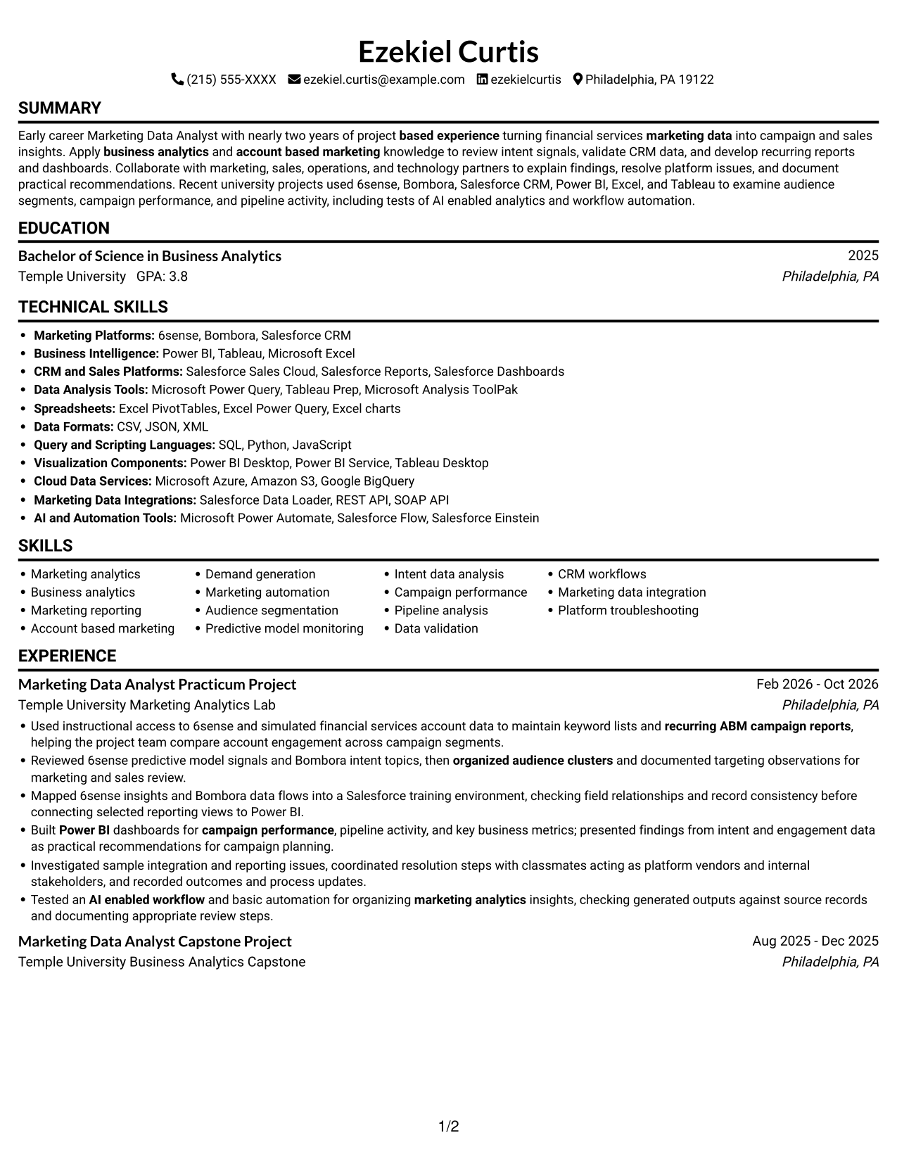 Entry-Level Marketing Data Analyst Financial Services resume, page 1