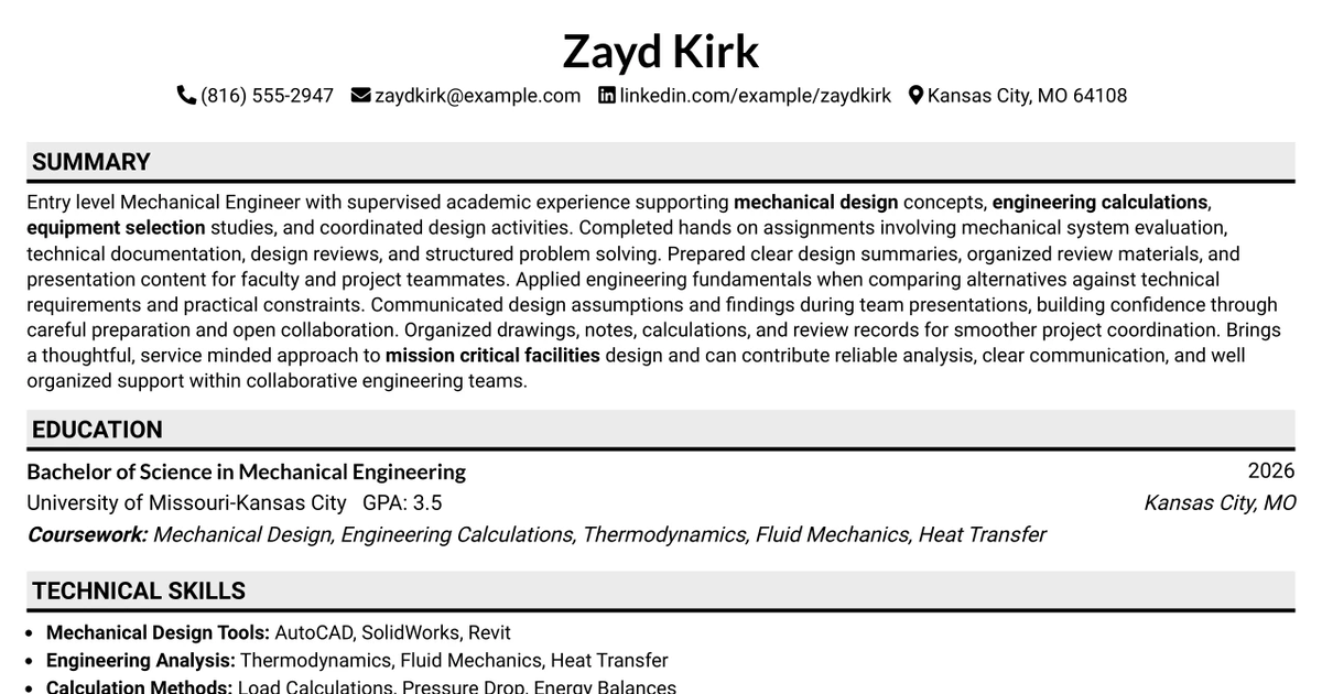 33 Entry-Level Mechanical Engineer - Data Center Facilities Design Resume Templates with Example 2026 (ATS-Optimized)