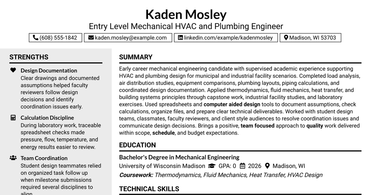 7 Entry-Level Mechanical HVAC/Plumbing Engineer Resume Templates with Example