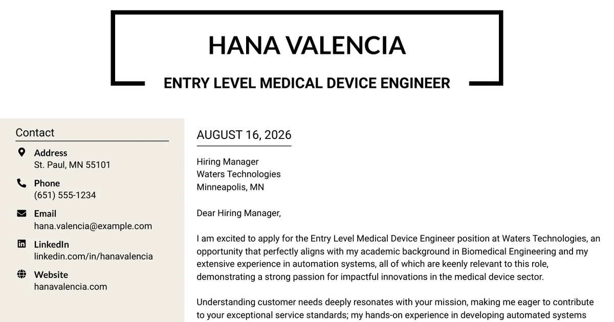 30+ Entry Level Medical Device Engineer Cover Letter Templates with Example 2026