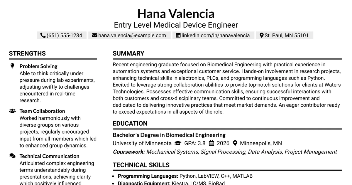 33 Entry Level Medical Device Engineer Resume Templates with Example 2026 (ATS-Optimized)