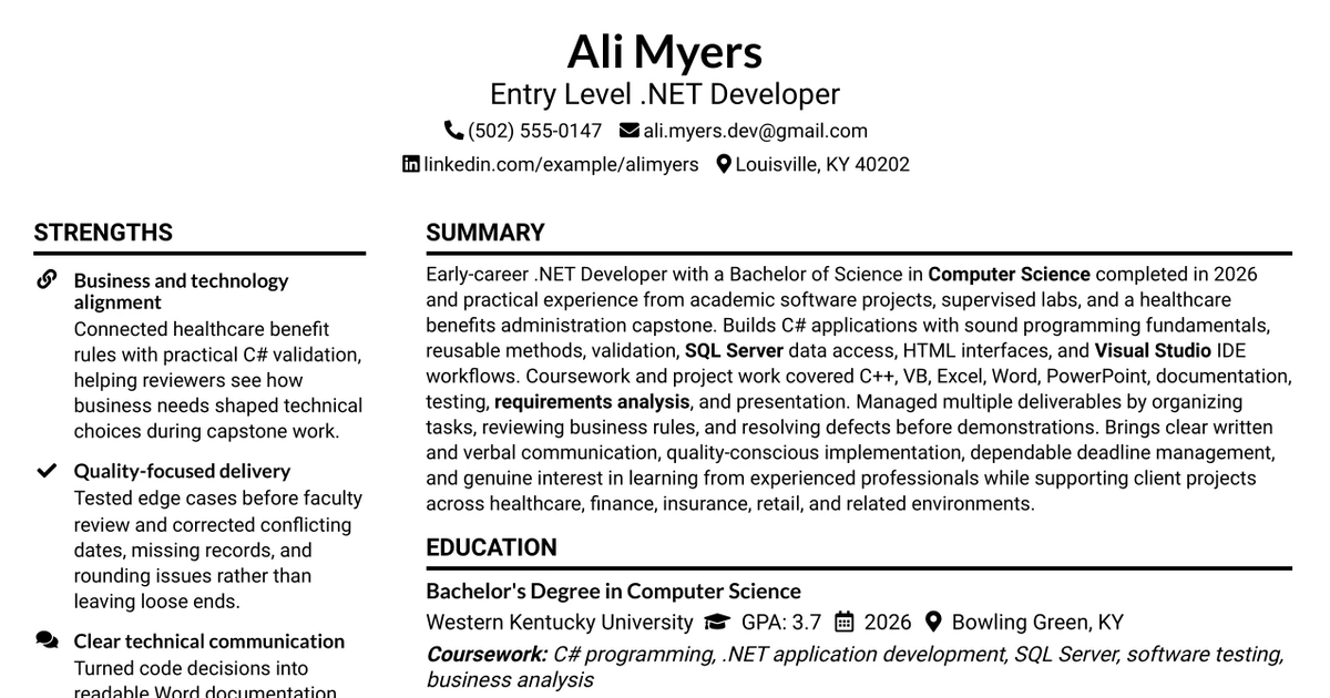 33 Entry Level .NET Developer Resume Templates with Example 2026 (ATS-Optimized)