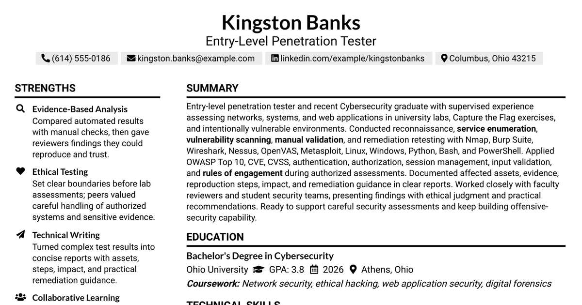 33 Entry-Level Penetration Tester Resume Templates with Example 2026 (ATS-Optimized)