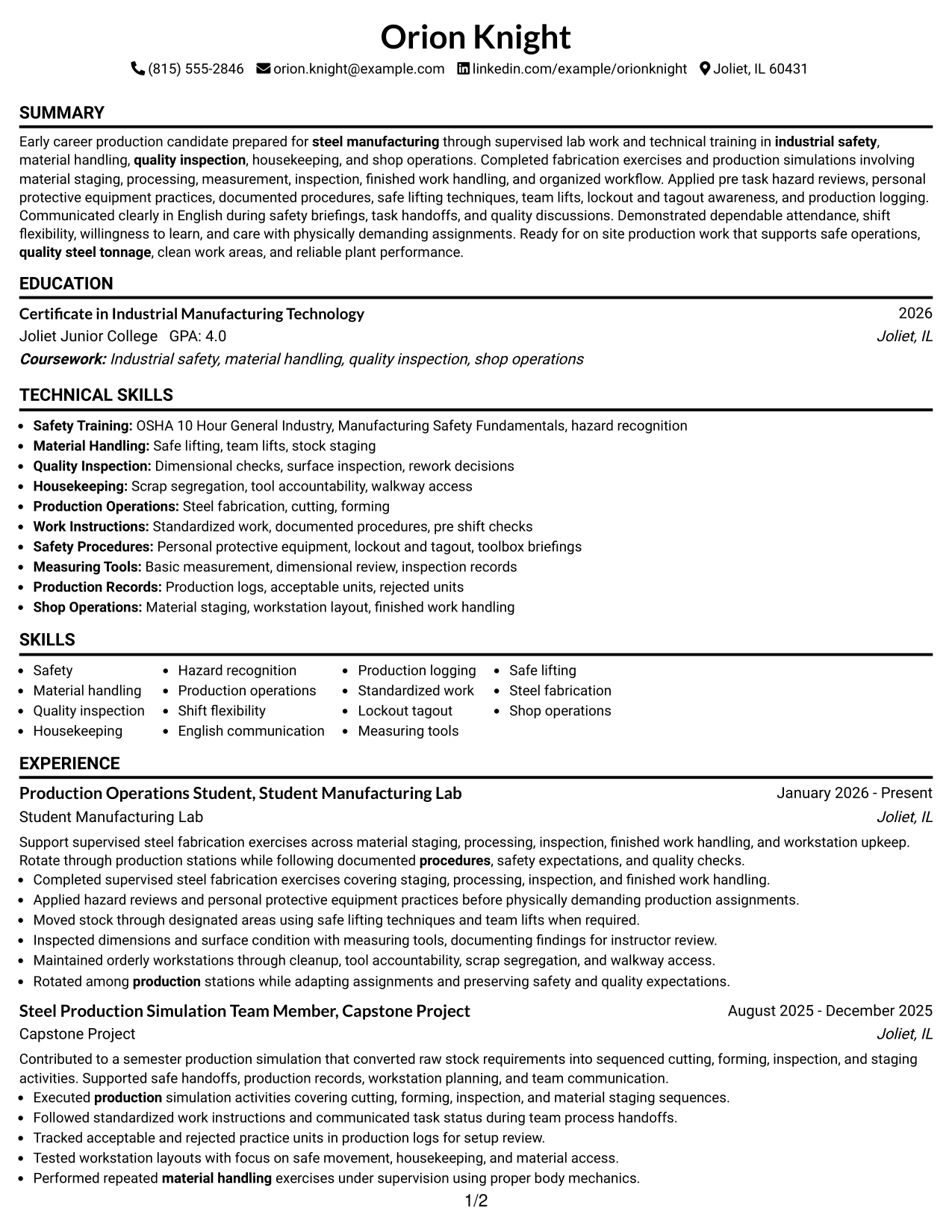 Resume Example Page 1