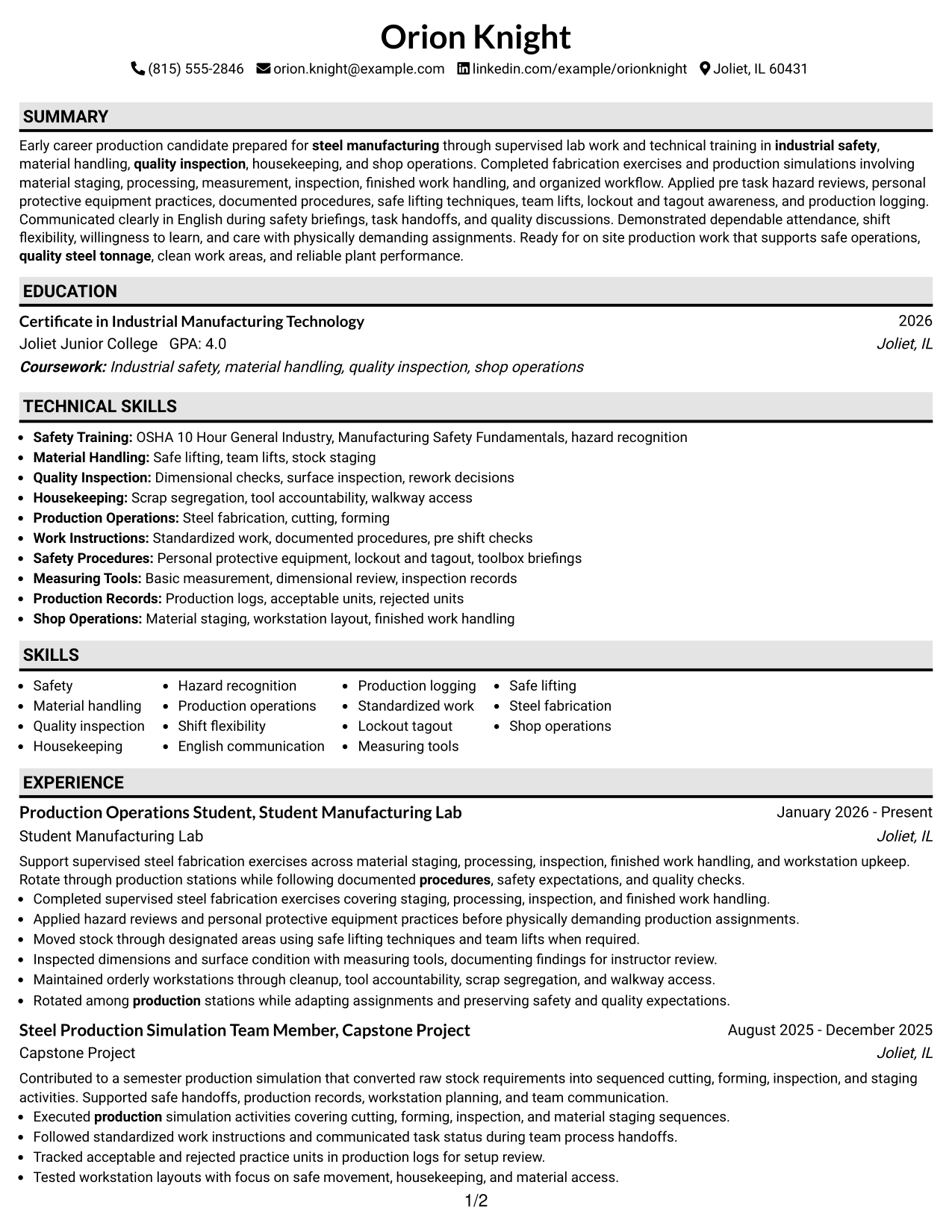 Resume Example Page 1