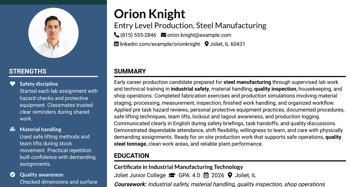 7 Entry Level Production - Steel Manufacturing Resume Templates with Example
