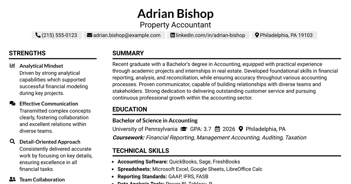 33 Entry-Level Property Accountant Resume Templates with Example 2026 (ATS-Optimized)