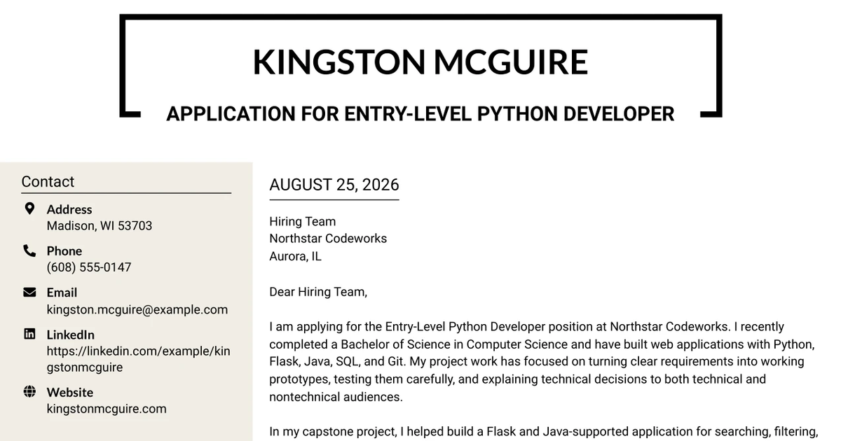 30+ Entry-Level Python Developer Cover Letter Templates with Example 2026