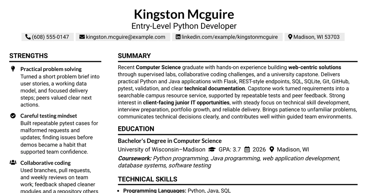 33 Entry-Level Python Developer Resume Templates with Example 2026 (ATS-Optimized)