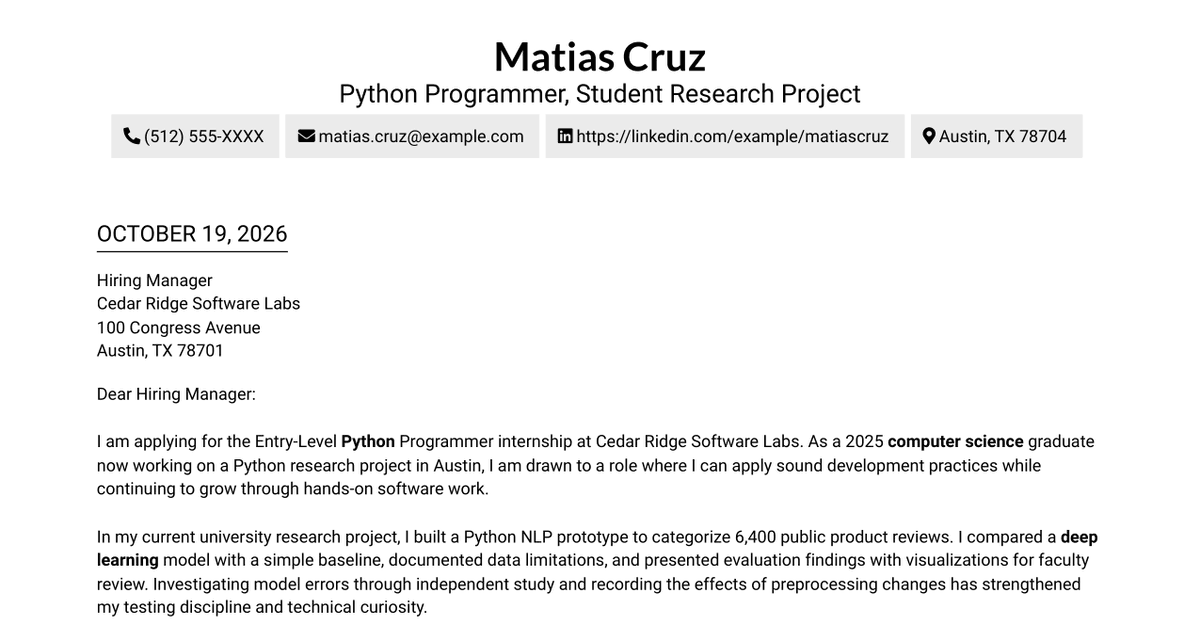 7 Entry-Level Python Programmer Cover Letter Templates with Example
